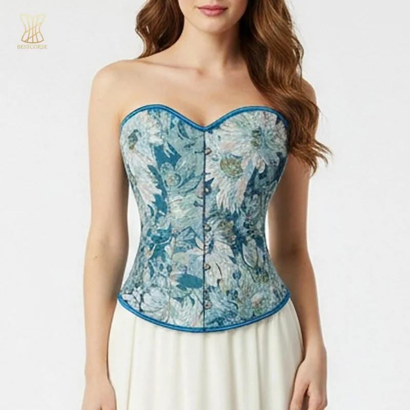 

Summer Vintage Blue corset top Plus Size Overbust for women Floral pattern korset Bustier With Bra Tummy waist