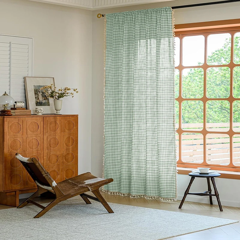 Forest Style Tassel Edge Grid Curtains Are Suitable for Bedrooms Living Rooms Balconies and Daily Home Decoration 1/2pcs