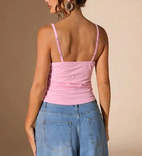 2026 Summer New Women's Fashion Sexy Sweet Pink V-neck Slimming Short Tank Top Women's Wear