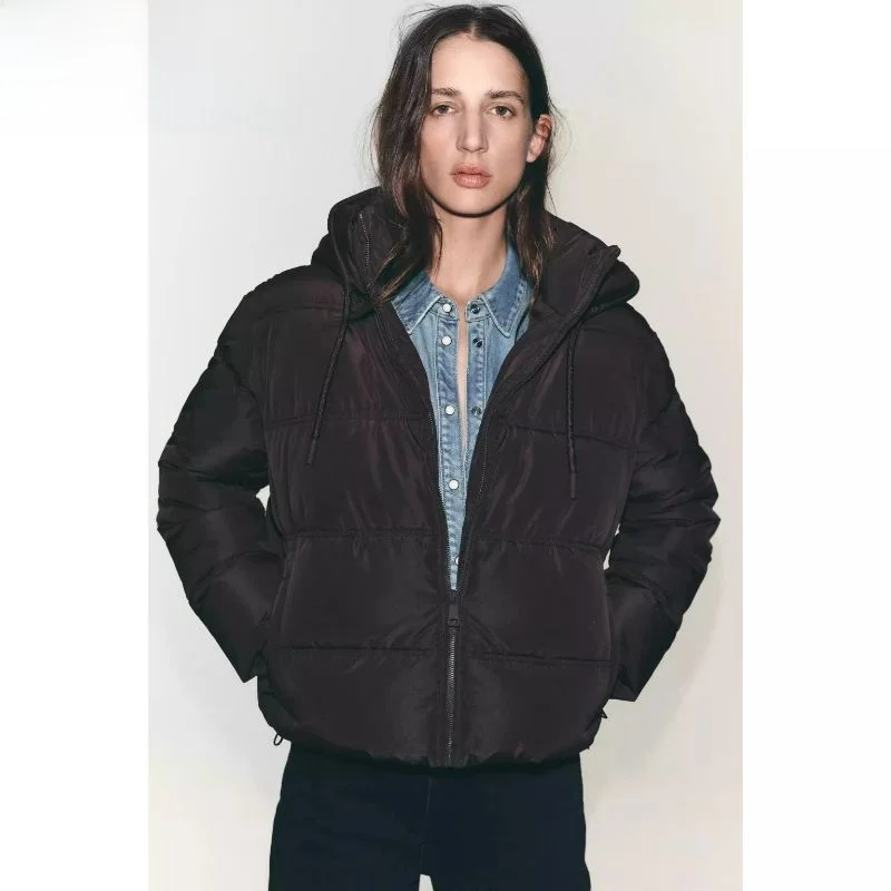 

Fall New Arrival Women's ort Puffer Jaet Thiened Cotton down Coat with Hood Korean Sle Loose Fit Long Sve Zipper
