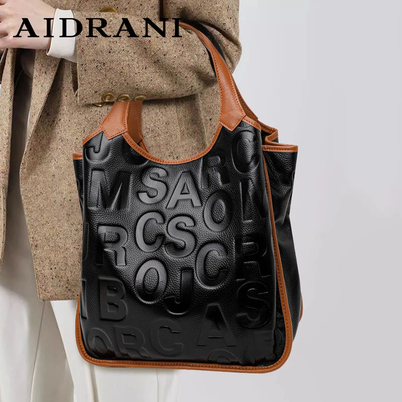 Aidrani Fashion Genuine Leather Women's Bag Large Capacity Women's Handbag Black Cowhide Underarm Single Shoulder Letter Bag