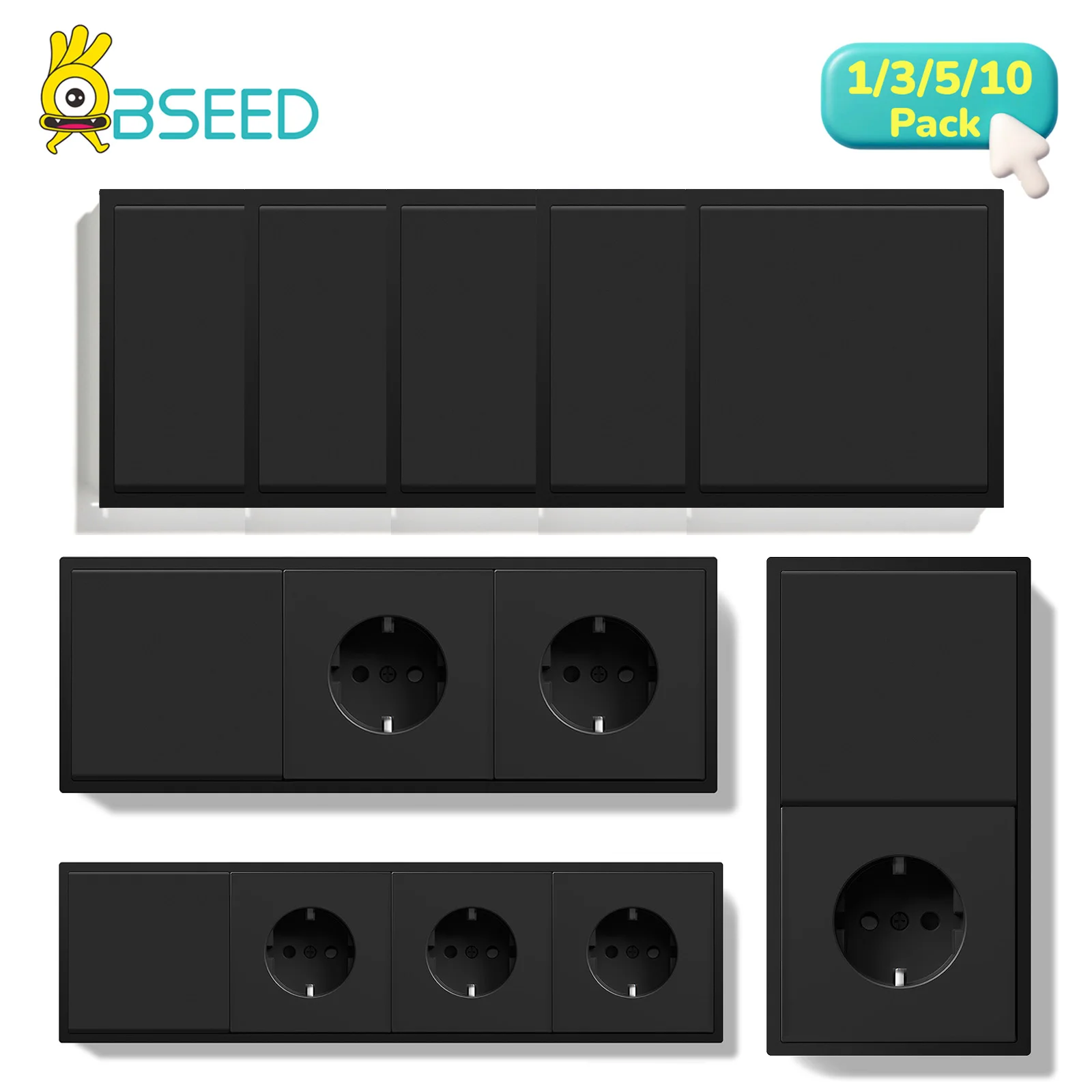 

BSEED 16A Wall Power Sockets EU Large Button Switch Wall LED Light Switches Black Home 1Gang 1Way Switches E-Series