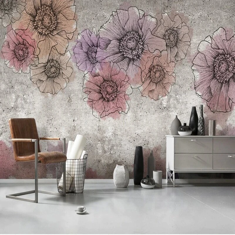 European-style retro hand-painted flowers dilapidated wall murals TV luxurious home decoration bedroom background wall