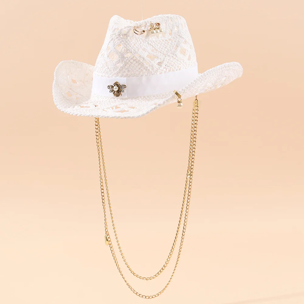 chapeau-de-soleil-blanc-au-design-original-avec-decor-abeille-chapeau-de-cowboy-en-paille-a-large-bord-casquette-d'ete-anti-uv