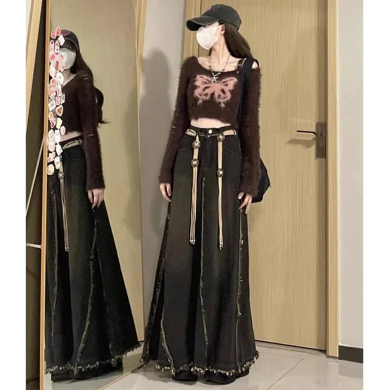 

Lady Fashion Casual Type A Denim Skirts Retro Women Design Cowboy Skirt Autumn Femme High Waist Patchwork Burr Jeans Maxi Skirt