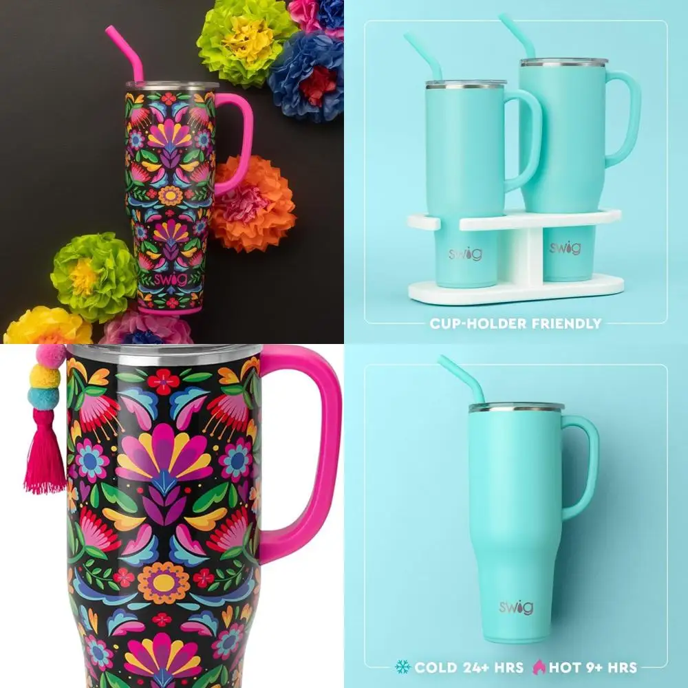 

Extra Large Insulated Stainless Steel Tumbler with Handle, Straw, and Cup Holder - Dishwasher Safe Caliente Mega Mug