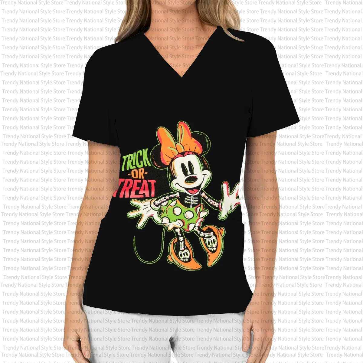 Women's Work Uniform Halloween Disney Mickey and Minnie Print V-Neck Pocket Women's Work Uniform Snoopy Women's T-shirt