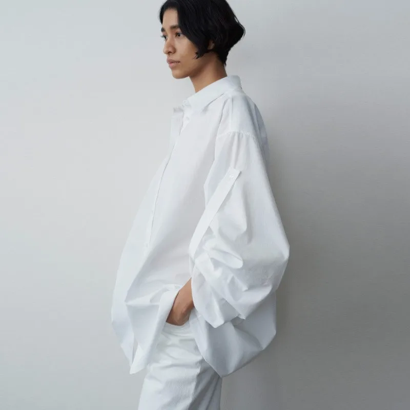 

Maxdutti Minimalist Retro Boyfriend Style Pure Cotton Shirt With White Hanging Sleeves Adjustable Loose Sleeves Shirt For Women