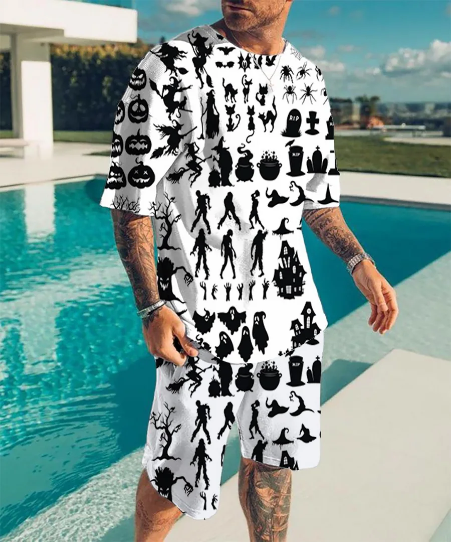 2022 New Summer Men\'s Suit Casual Beach Shorts Suit Santa Claus 3D Printing Short Suit Ordinary O-Neck T-Shirt 2 Piece Set