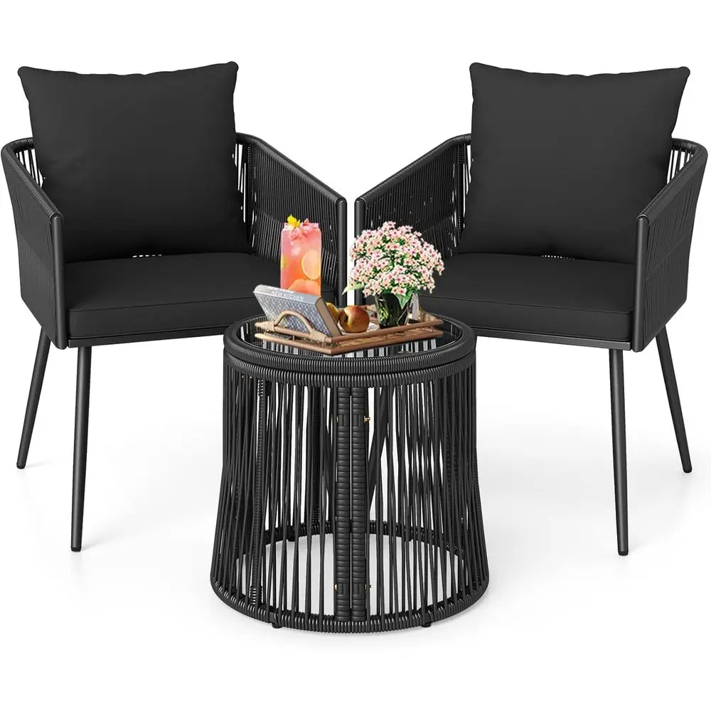 

3-Piece Outdoor Wicker Bistro Set with Cushions and Tempered Glass Table for Patio, Porch, or Balcony
