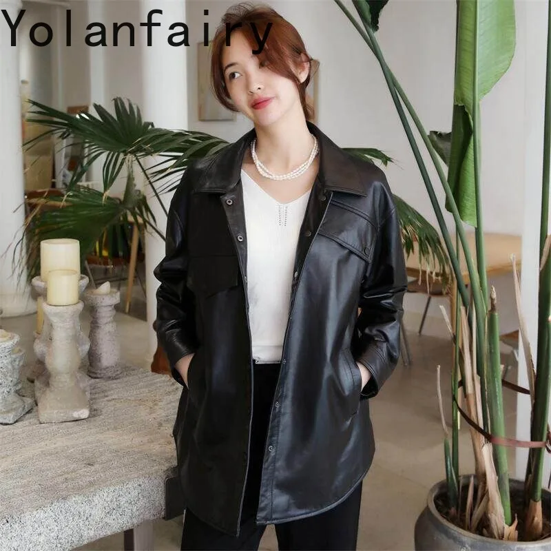 YOLANFAIRY Real Sheepskin Leather Shirt Jacket Women Black Genuine Leather Coat Long Sleeve Korean Mid-length Coats Outerwear