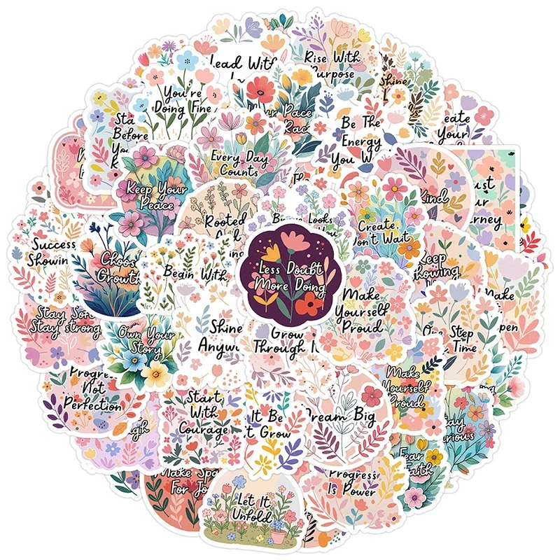 50Pcs Inspirational Flower Stickers, Positive Motivational Quote Waterproof Vinyl Decals for Water Bottles Laptop Journal Gift