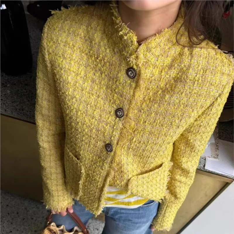 

Осень 2021, корейская куртка в стиле ретро для женщин, однобортная твидовая верхняя одежда с круглым вырезом и длинными рукавами, куртки, пальто, топы