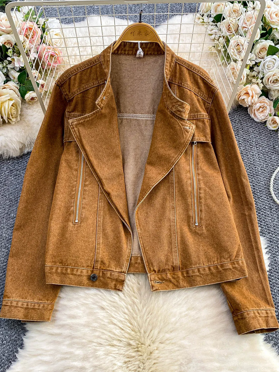 

Ретро Sle мотоциклетная куртка женская свободная посадка для похудения джинсовое пальто воротник-стойка на молнии повседневная модная верхняя одежда топ