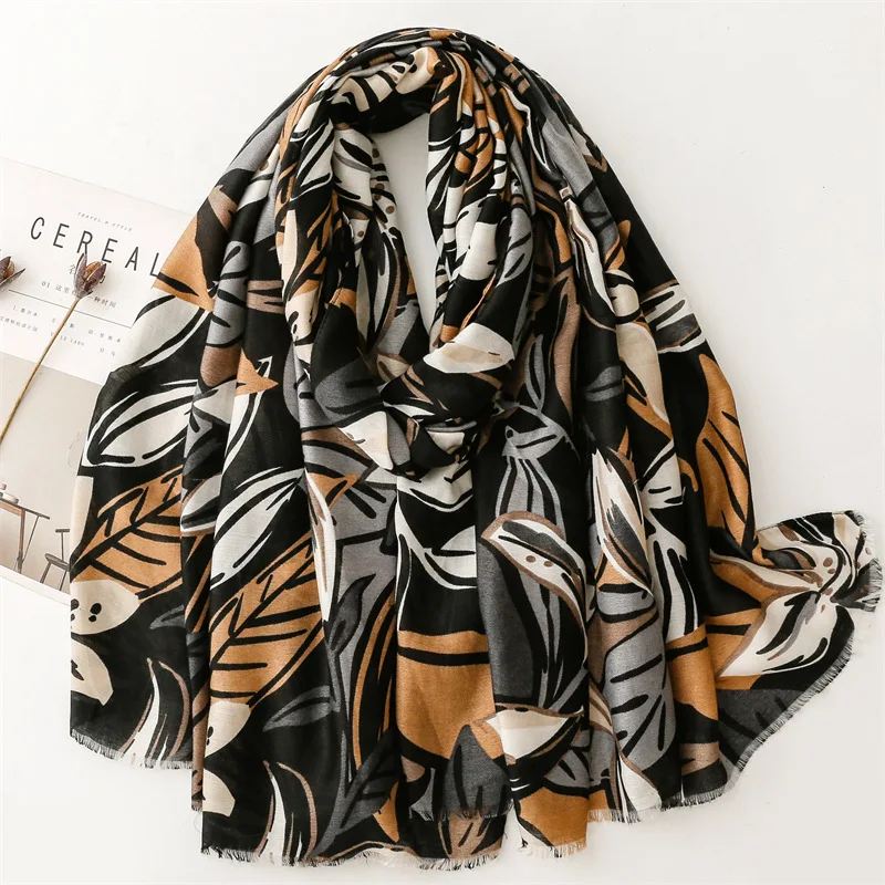 

Winter Vintage Ombre Leaf Floral Fringe Viscose Shawl Scarf Lady High Quality Print Pashmina Stole Bufanda Muslim Hijab 180*90Cm