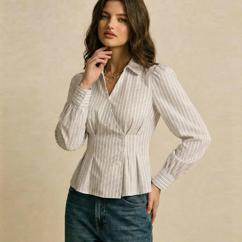 

2026 Ladies Spring and Autumn New Fashion Sexy High Quality Long Sleeve Temperament Striped Waist Long Sleeve Shirt for Women