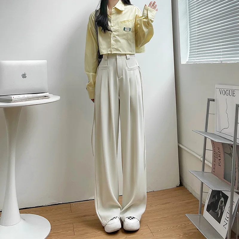 High Waist Wide-Leg Suit Pants Korean Style Pants Women'S Slim  Trouser Drape Casual Slacks