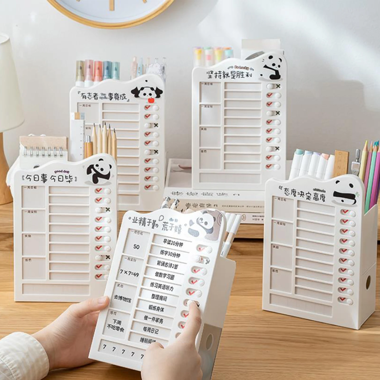 Cute Panda Plastic Self-Disciplined Memo Checklist Board With Drawer With Pen Holder Desktop Stroage Punch Schedule Memo Board