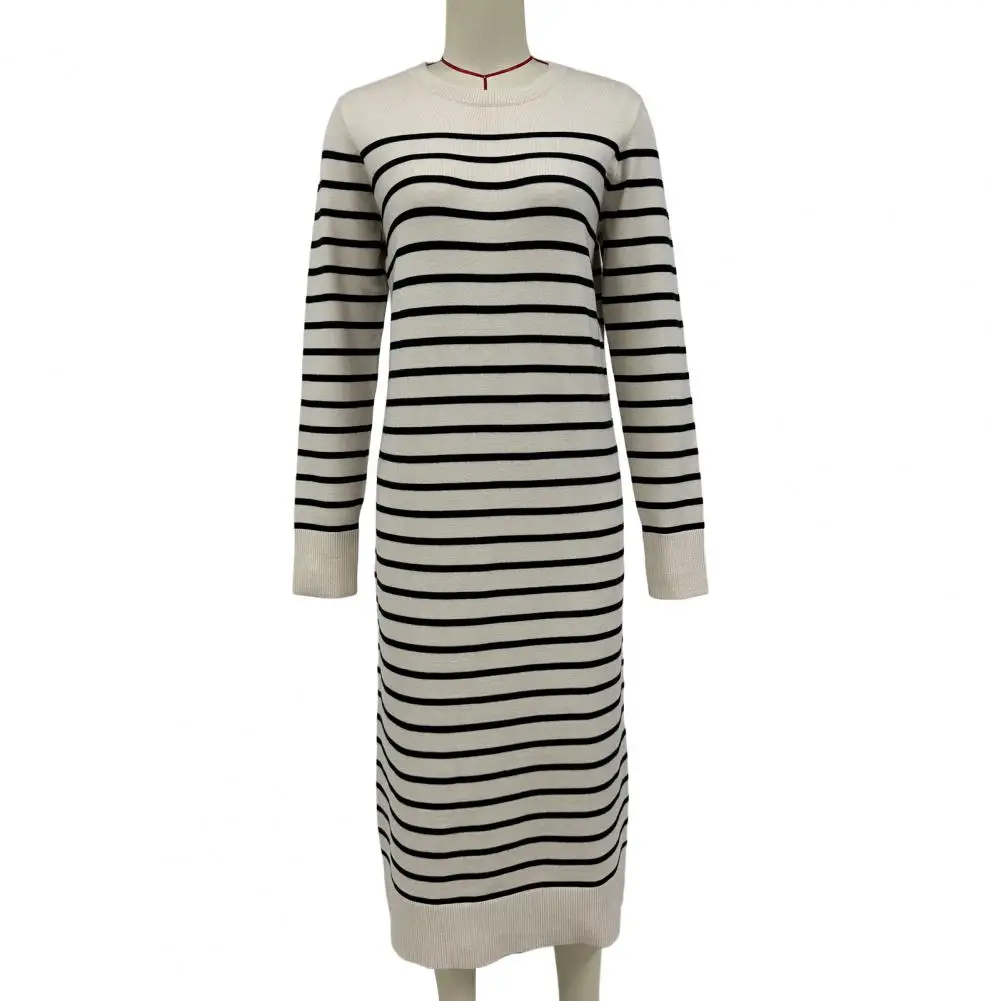 Simple Style Round Neck Dress Elegant Striped Print Midi Dress for Women Slim Fit Long Sleeves Knit Dress for Fall Spring