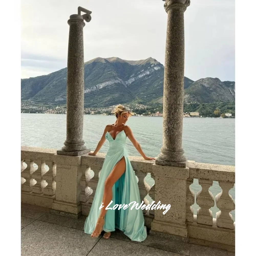 Robe De soirée en Satin vert, col en v, ligne a, fleur 3D, sans manches, fente latérale, élégante, longueur au sol, plissée, personnalisée