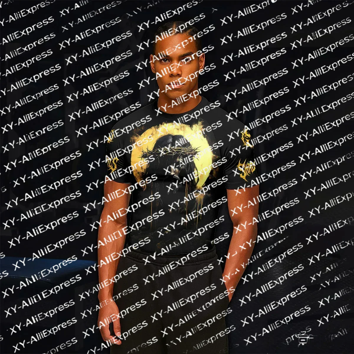 Men's Golden Thorn Crown Dark Art Compression T-Shirt, Stretch Quick-Dry Gothic Portrait Short-Sleeve Sports Protective Top