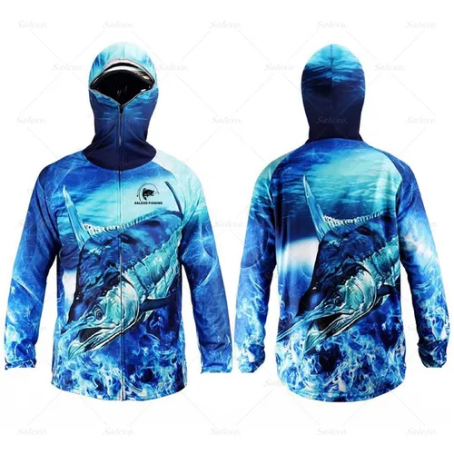 Imagen 2 del producto Camisa de pesca para hombre, chaqueta con protección solar, cara, cuello, Anti-uv, transpirable, ropa con capucha de pesca, ropa deportiva de secado rápido de seda helada