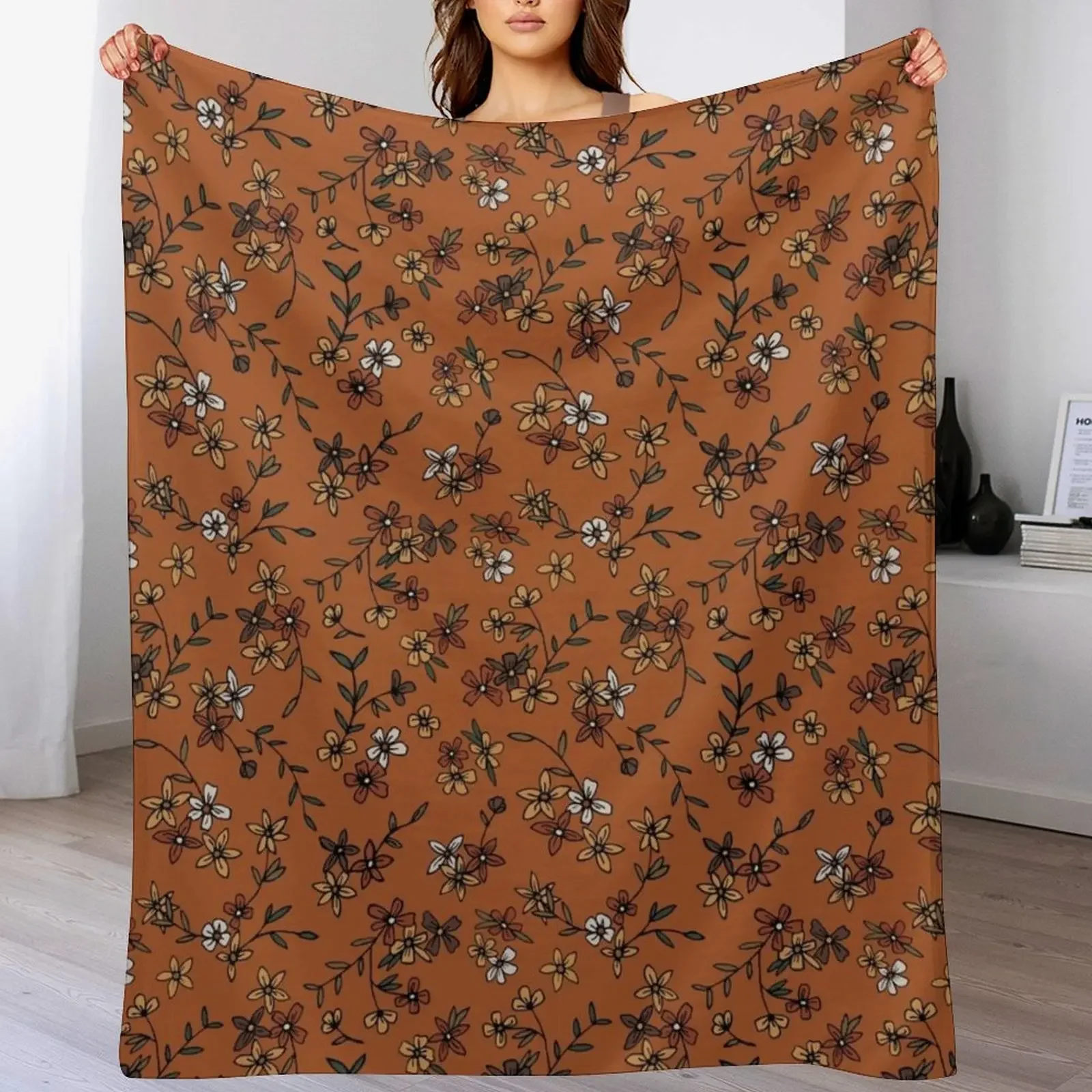 

Rust, Orange, & Green Ditsy Floral Throw Blanket Travel Size Cozy Blanket for Plane Train