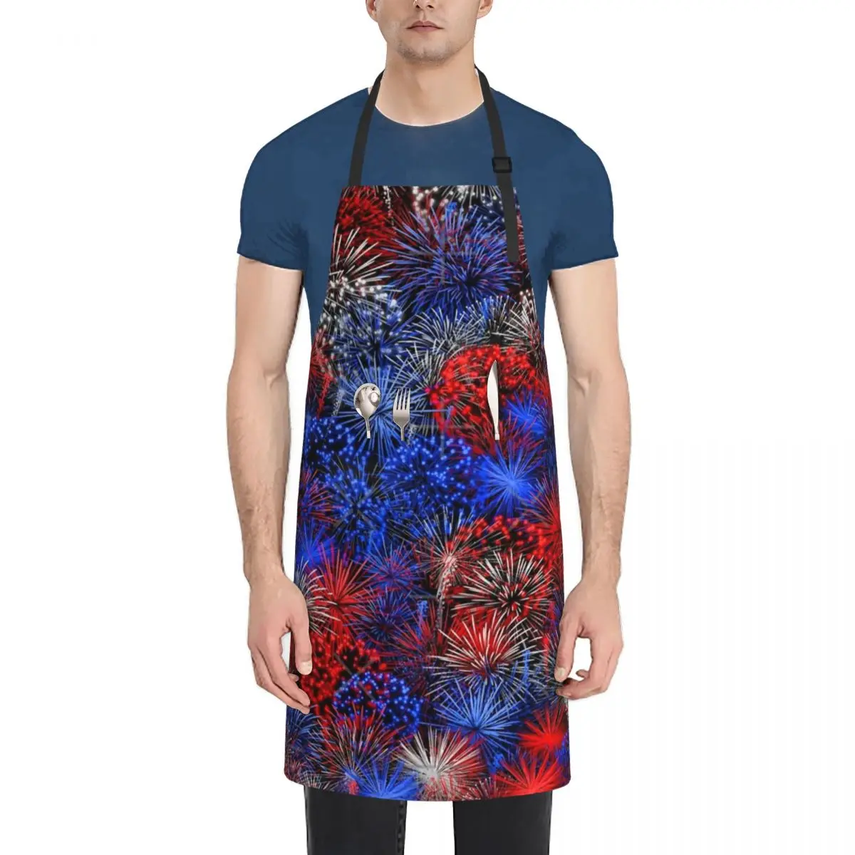

Red Blue White Firework Waterproof Kitchen Apron For Women/Men With Pockets Work Restaurant Shop Waiter Work Uniform