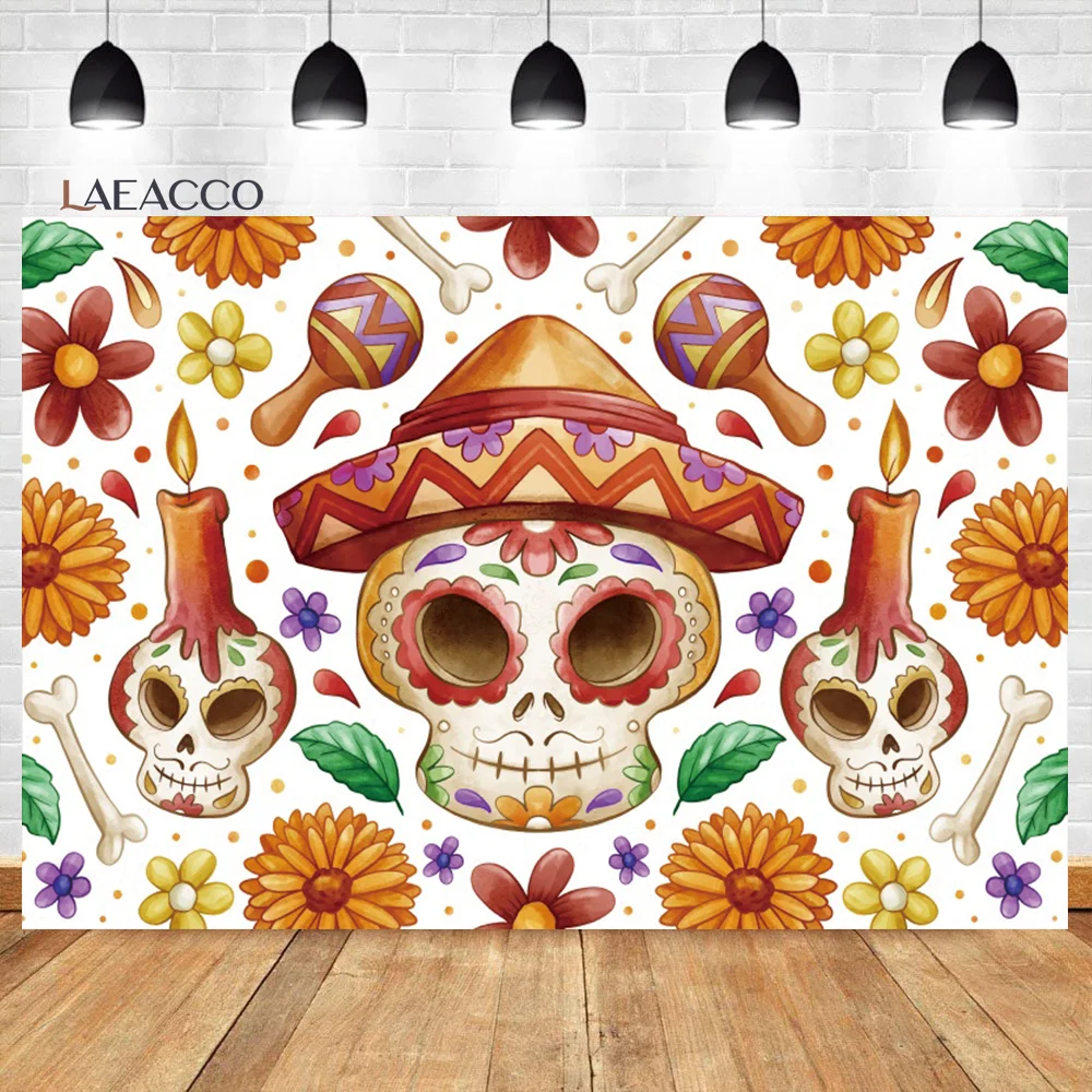 

Laeacco Day Of The Dead Backdrop Mexican Fiesta Sugar Skull Flowers Candle Dia DE Los Muertos Portrait Photography Background