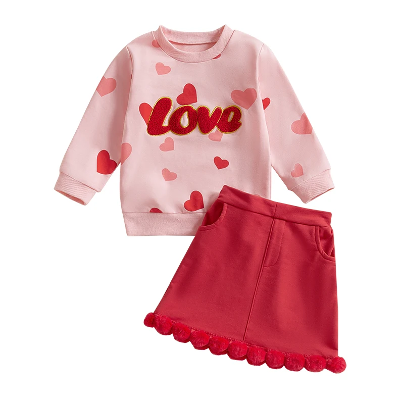 1-6y Little Girl Valentines Day Outfit Letter Heart Long Sleeve Sweatshirt Plush Ball A-line Skirt Sweety 2 Piece Clothes Set