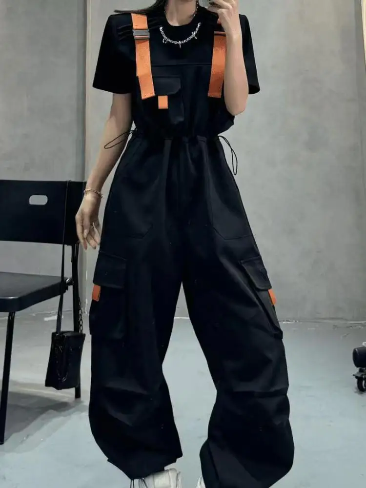 ผู้หญิงสีดํา Patchwork Casual หลวม Workwear Jumpsuit ฤดูร้อนสีเขียวเอวสูงสายรัดยาวกางเกงแนวโน้มแฟชั่น Streetwear