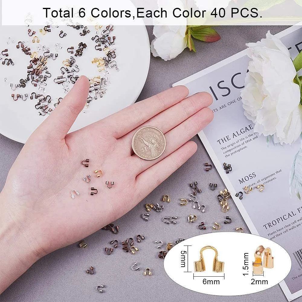 240 pcs 6 Colors Brass Wire Guard Guardians Wire Protectors U Shape Wire Cable Protectors Loops for Bracelet Necklace Jewelry