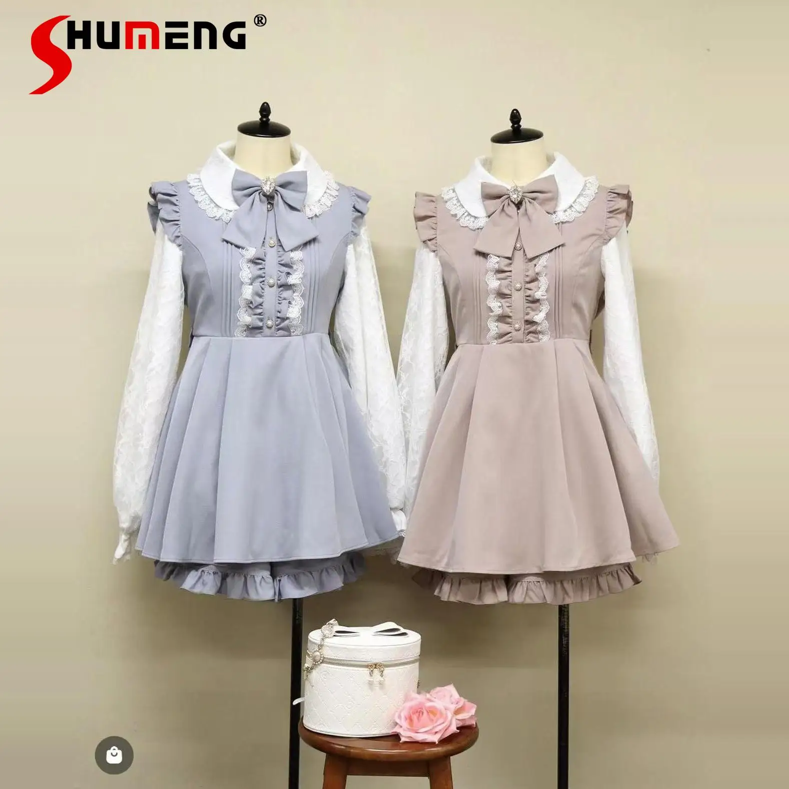 Japanese Mine Style Doll Collar Bow Lace Splicing Long Sleeve Lace-up Slim Dress High Waist Shorts Two Pieces Sets Women Autumn