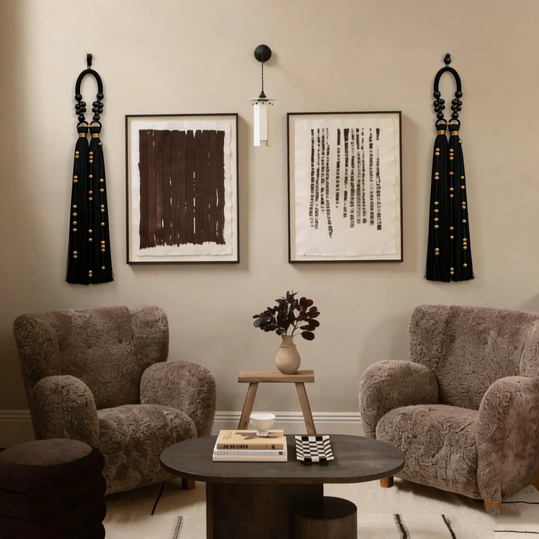 Black & Gold Beaded Tassel Wall Hanging | Luxury Boho Macrame Decor | Arched Top Fiber Art