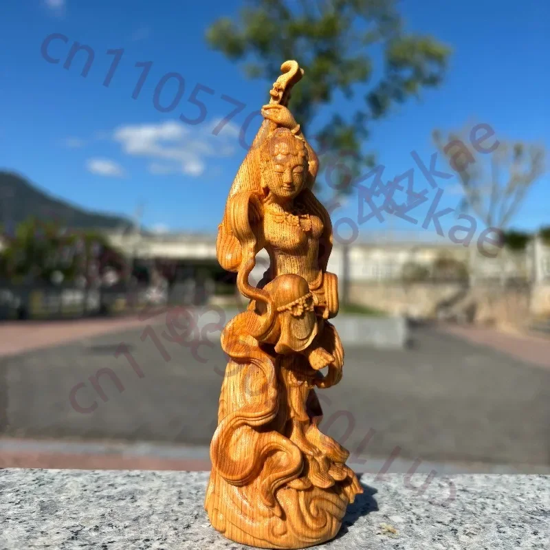 Hand-Carved Cypress Wood Flying Apsaras Statue - 5.9