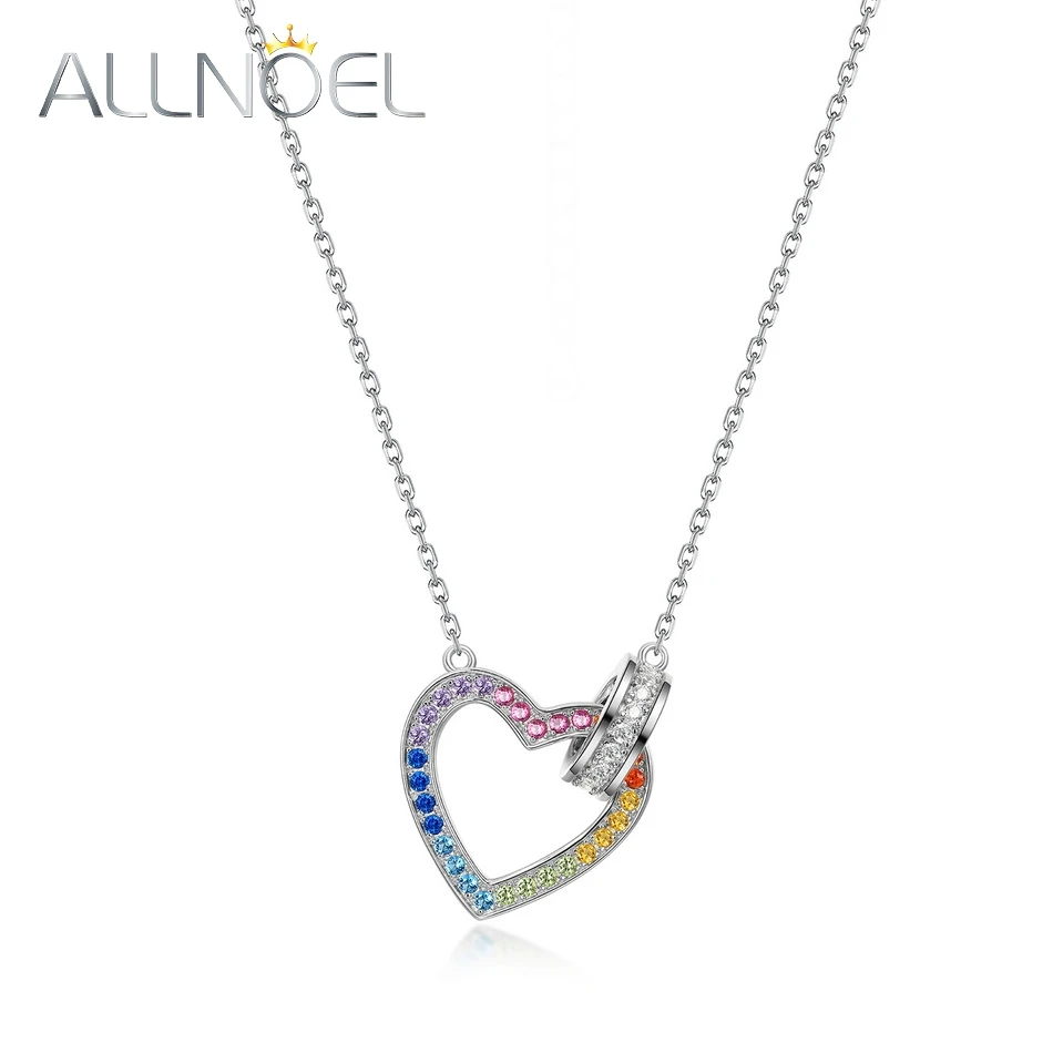 

ALLNOEL 925 Sterling Silver Necklace For Women Colorful Gemstones Rainbow Zircon Love Heart Pendant Trendy Gifts Fine Jewelry