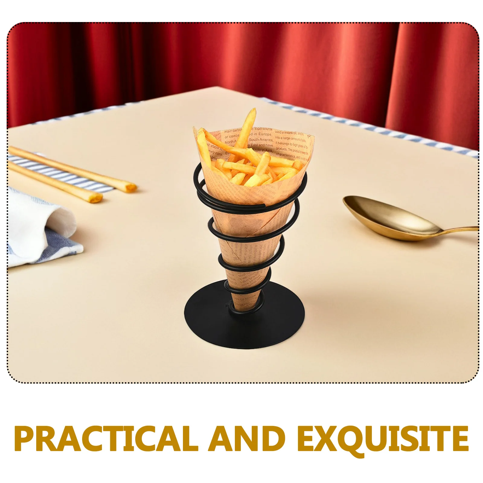 

1pcs Snack Rack Fries Holder French Fry Appetizer Display Stand Serving Basket Black Single Head Stainless Steel Cone Shape