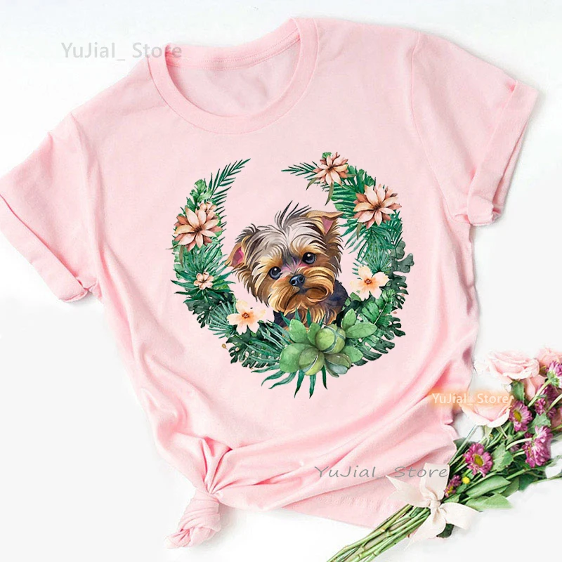 2024 Hot Sale Yorkie Flowers Print Tshirt Women Corgi/Shorthaired/Pug/Cat Dog Lover T Shirt Girls Harajuku Kawaii Clothes Tops