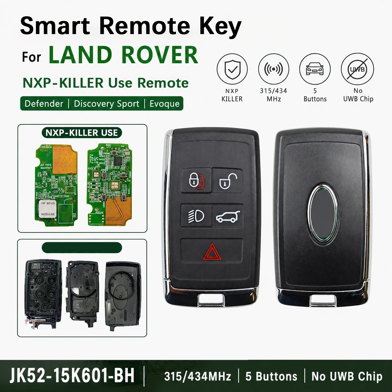 Smart Remote Key For Land Rover Defender Discovery Sport Evoque JK52-15K601-BH 315/434MHz NXP Killer Compatible 5 Buttons No UWB