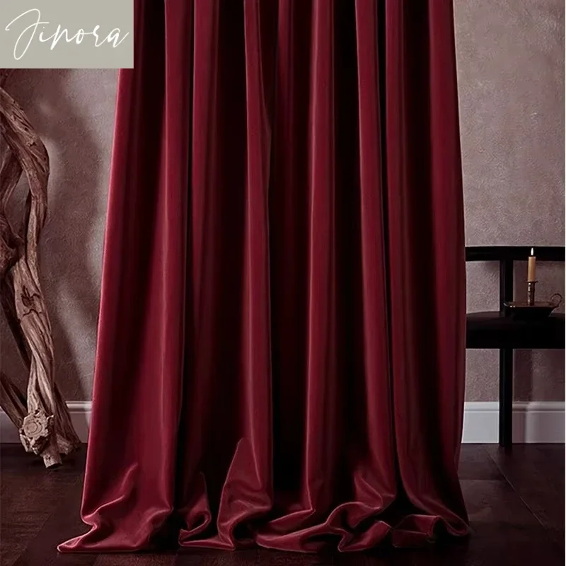 Nordic Burgundy Red Velvet Curtains for Living Room Dining Modern Luxury Solid Color Blackout Drapes Curtain Custom Decoration