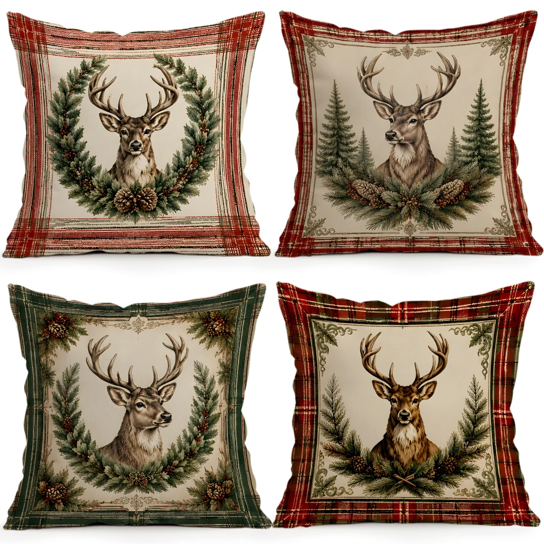 1pcs/4pcs Retro Plaid Elk Christmas Cushions Pillowcase Polyester Cushion Cover Throw Pillow Pillowcover Home Car Sofa Decor