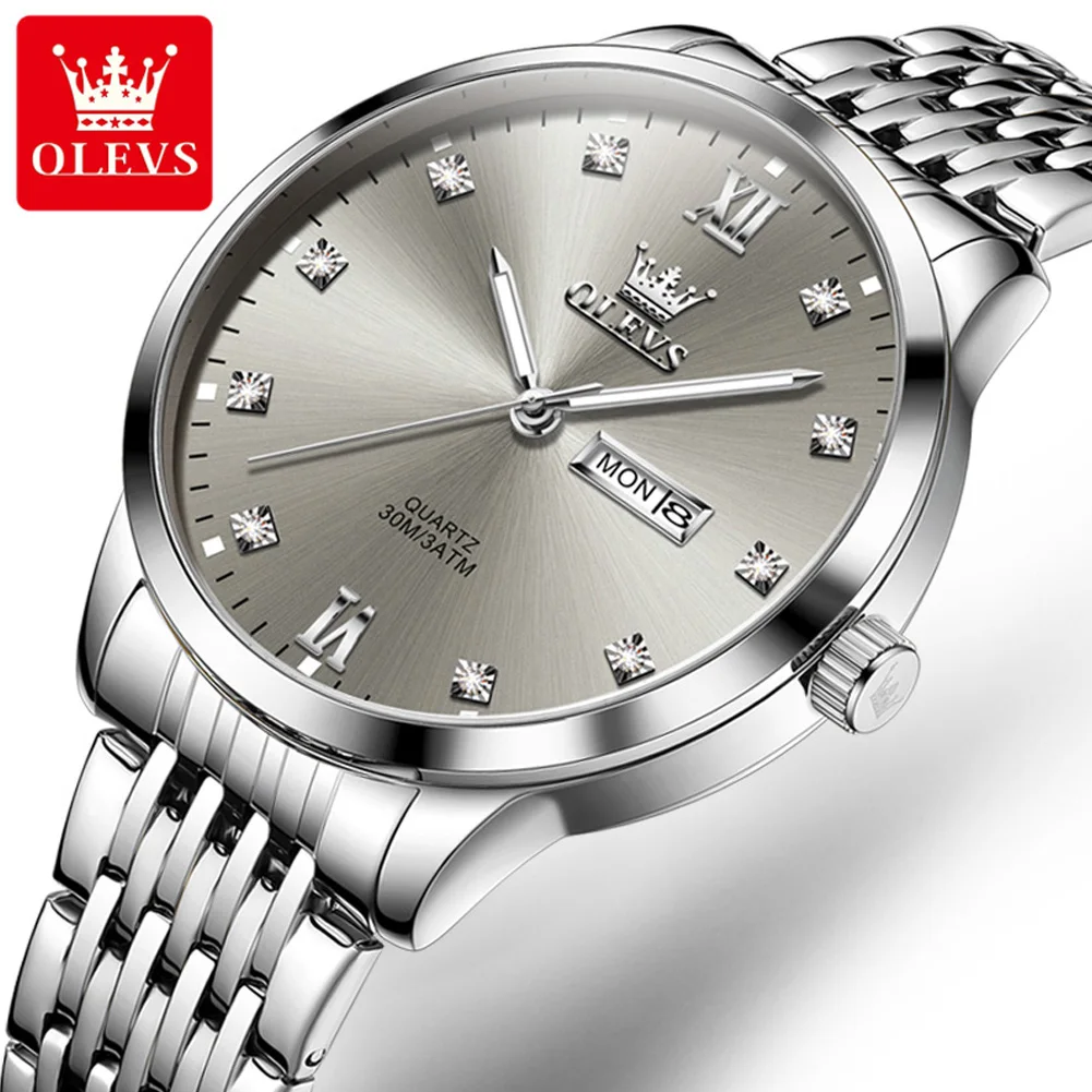 OLEVS 高級グレーダイヤルメンズ時計防水発光カレンダー週スポーツマン腕時計ステンレス鋼メンズクォーツ時計