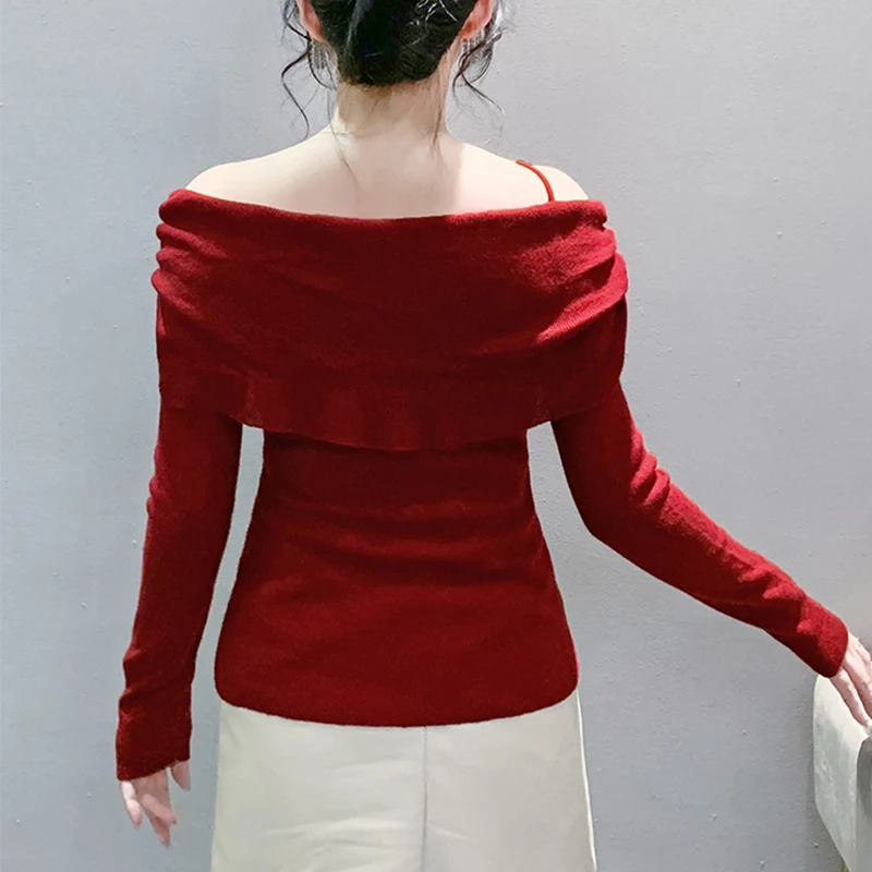 2025,European Clothes Fall Winter Knitted T-Shirt Chic Sexy Off Shoulder 3D Patchwork Women Pullover Long Sleeve Tops Tees 41001