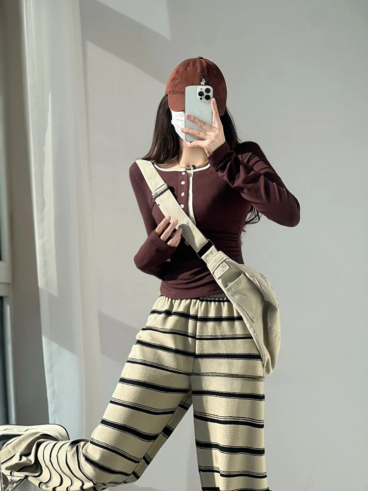 Cseta de Manga Longa em Estilo Retro com Bloco de Cores para Mulheres, Camada Base de Primavera e Outono, Top Slimming com...