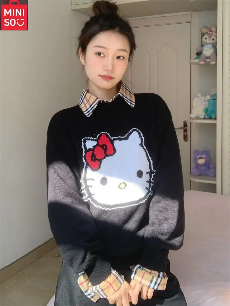 سترة صوفية مطرزة على شكل قطة كارتونية من MINISO Hello Kitty للطالبات + قميص منقوش بأكمام طويلة