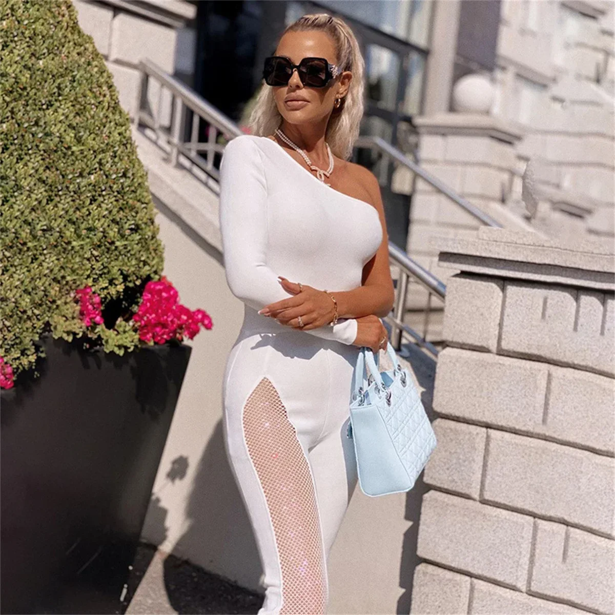 Beauty Autumn New Fashion Solid Color Single Shoulder Mesh Splicing Thin Leg Sexy jumpsuit