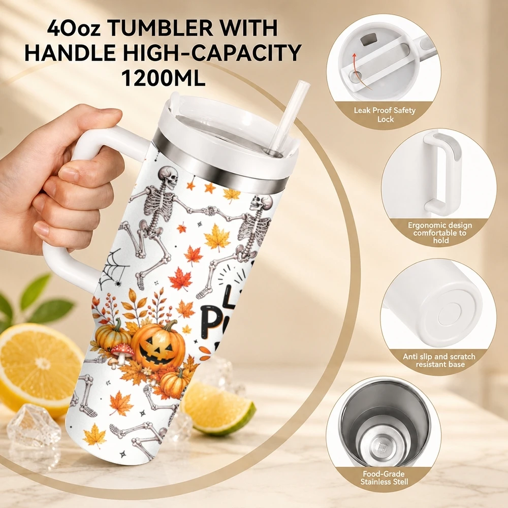 Pumpkin Skull Design Vacuum Flasks 40oz Stainless Steel Travel Tumbler with Handle Straw Lid Double Wall Vacuum Insulated