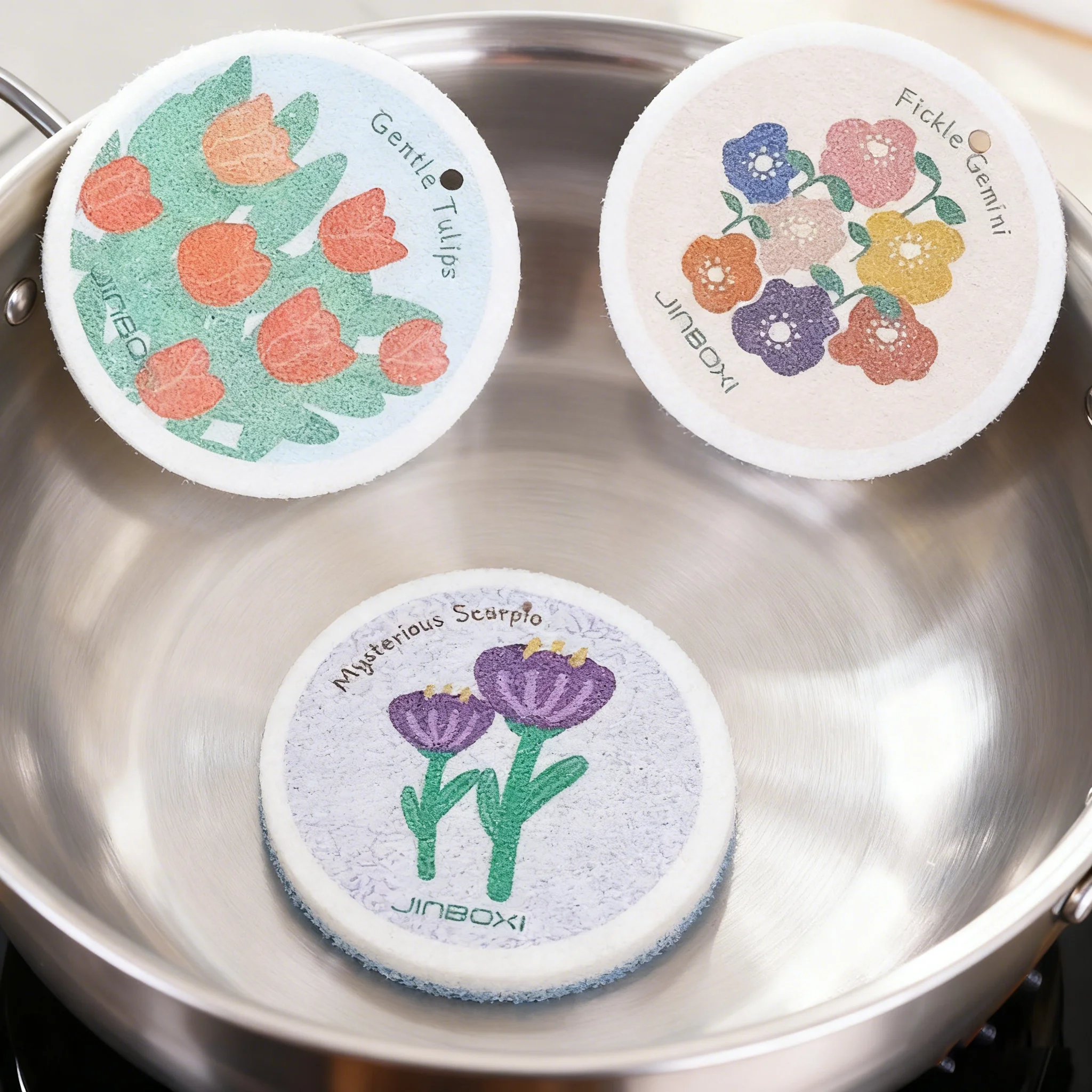 8Pcs Mixed-Color Kitchen Scrubbing Sponges, Creative Water-Absorbing Expandable Dishwashing Sponges, Compressed Kitchen Dishwashing Cloths, Printed Pot Scrubbers (9*1.5)