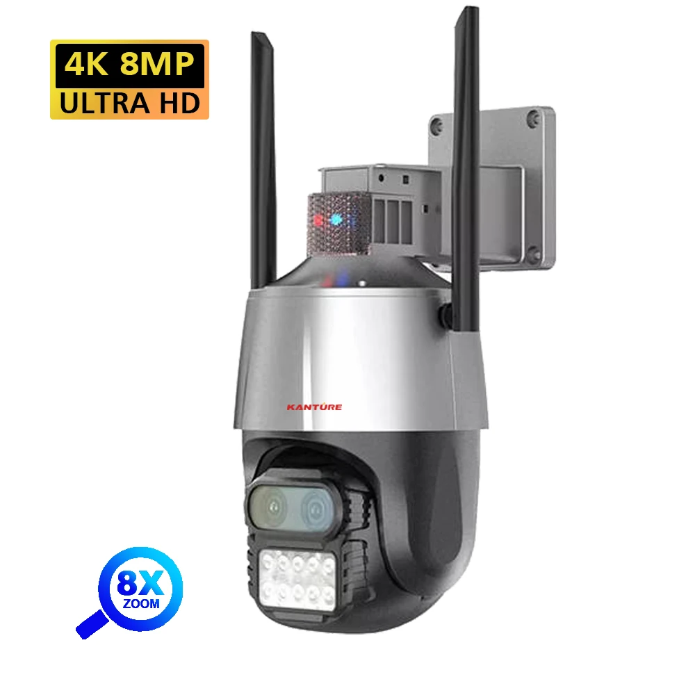 H.265 8MP 4K Wireless Wifi Camera with Anti-theft Siren Alarm Dual Lens 8X Zoom PTZ Speed Camera Ai Auto Tracking CCTV IP Camera