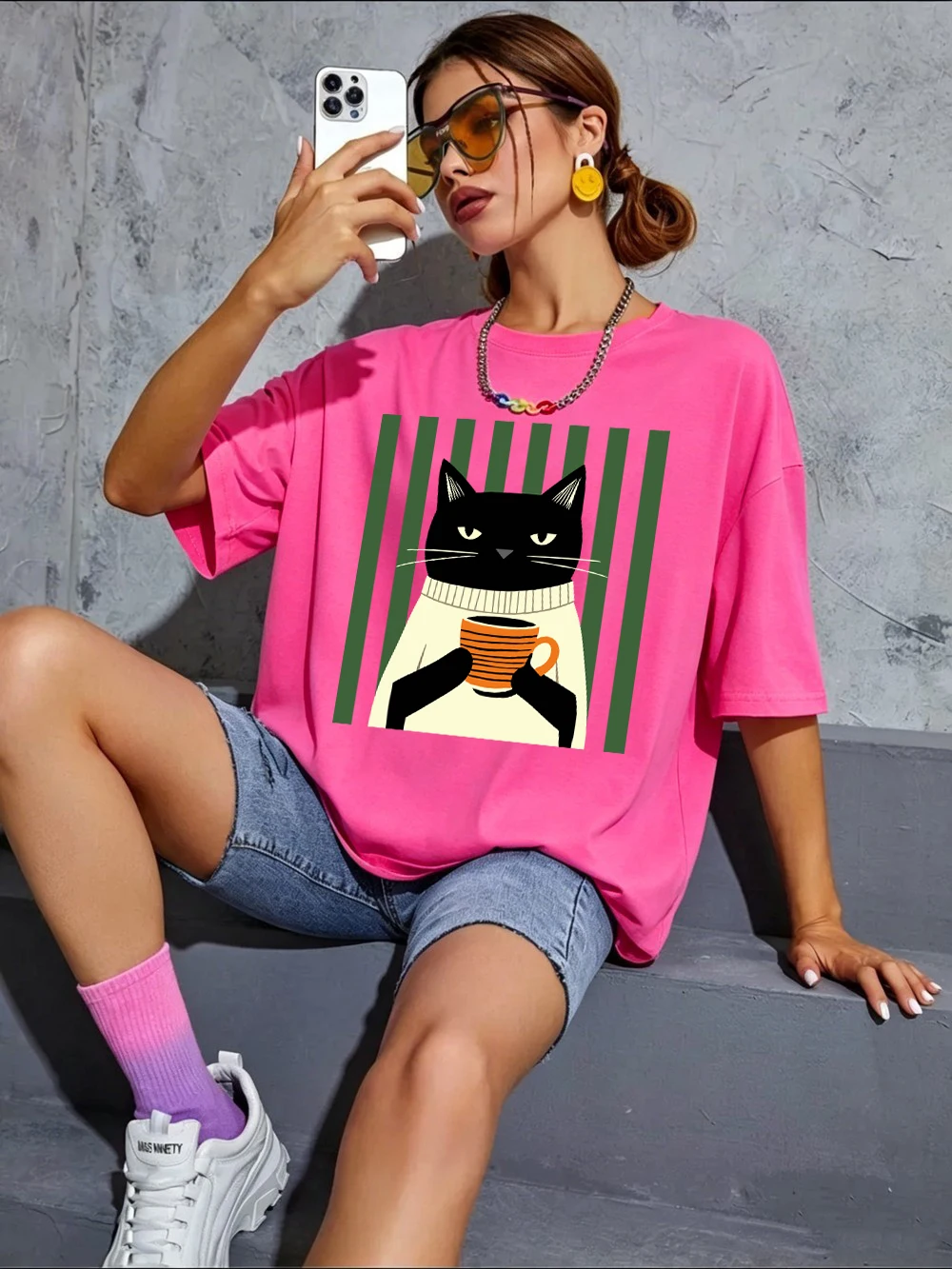 Schwarze Katze Kaffeetassen-Druck Baumwoll-T-Shirts Damen Sommer Oversized Tops Lässige Weiche Kurzarm-T-Shirts Basic O-Ausschnitt Kleidung – Detail 22